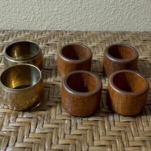 Set Of 6 Vintage Napkin Rings - 4 Wood & 2 Hammered Brass